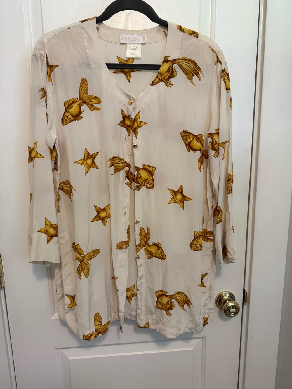 Escada Cream Blouse with Gold Fish & Star Motif - skirt and blouse set- size 36